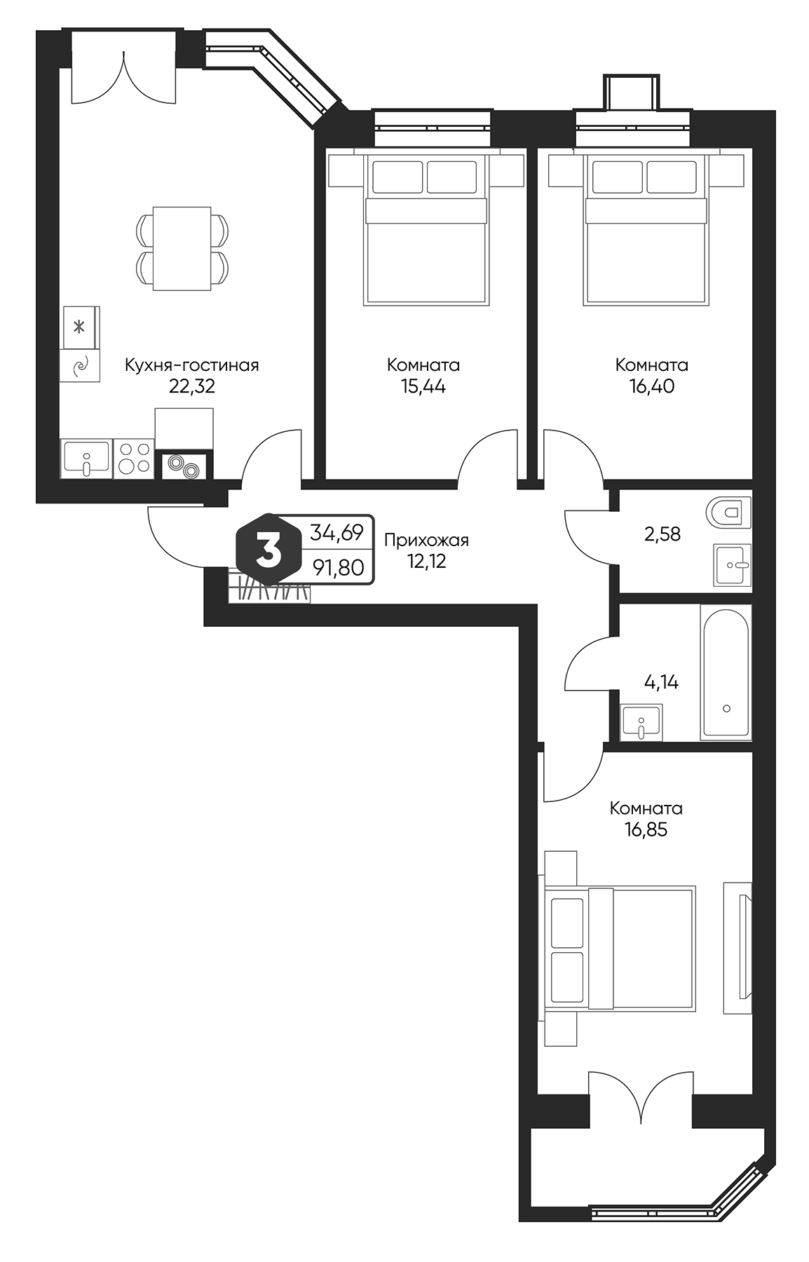 Планировка евро-4 (4Е) 91.8 м² в ЖК «Мечта квартал Дружба», корпус 3