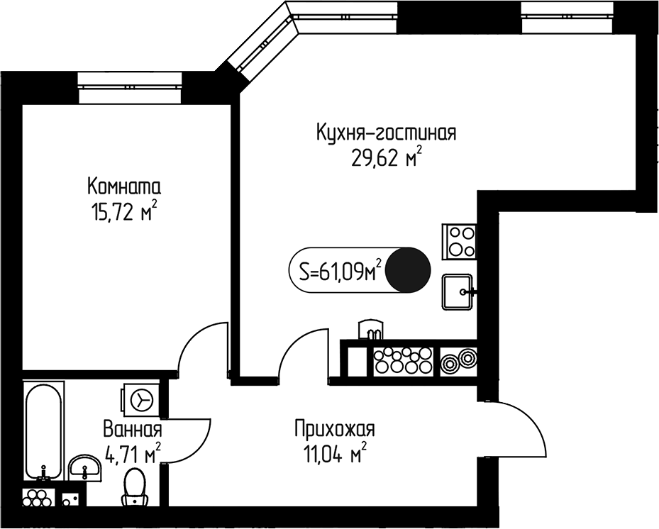 Планировка однокомнатная 61.09 м² в ЖК «Мечта-квартал Любовь», корпус 11