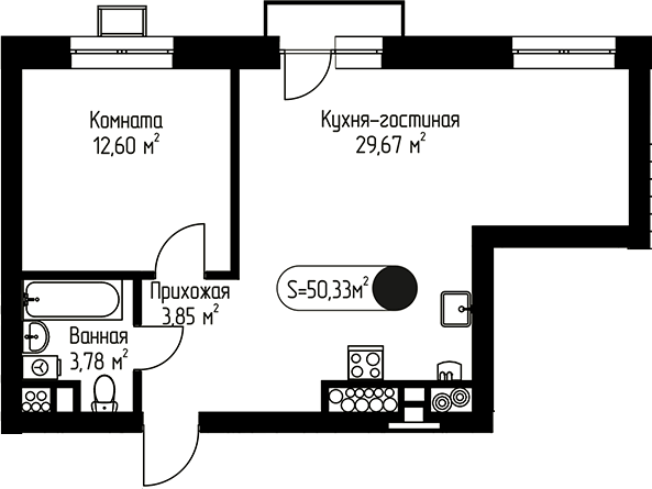 Планировка евродвушка (2Е) 50.33 м² в ЖК «Мечта-квартал Любовь», корпус 11