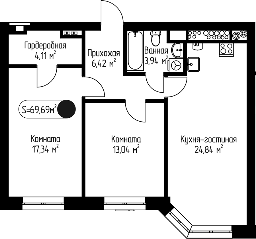 Планировка двухкомнатная 69.69 м² в ЖК «Мечта-квартал Любовь», корпус 11