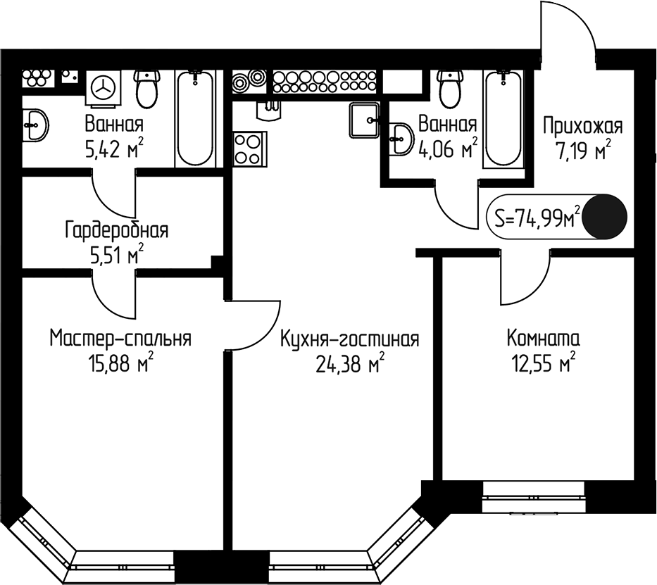 Планировка двухкомнатная 74.99 м² в ЖК «Мечта-квартал Любовь», корпус 11