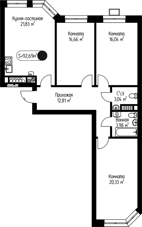 Планировка евро-4 (4Е) 92.69 м² в ЖК «Мечта-квартал Любовь», корпус 11