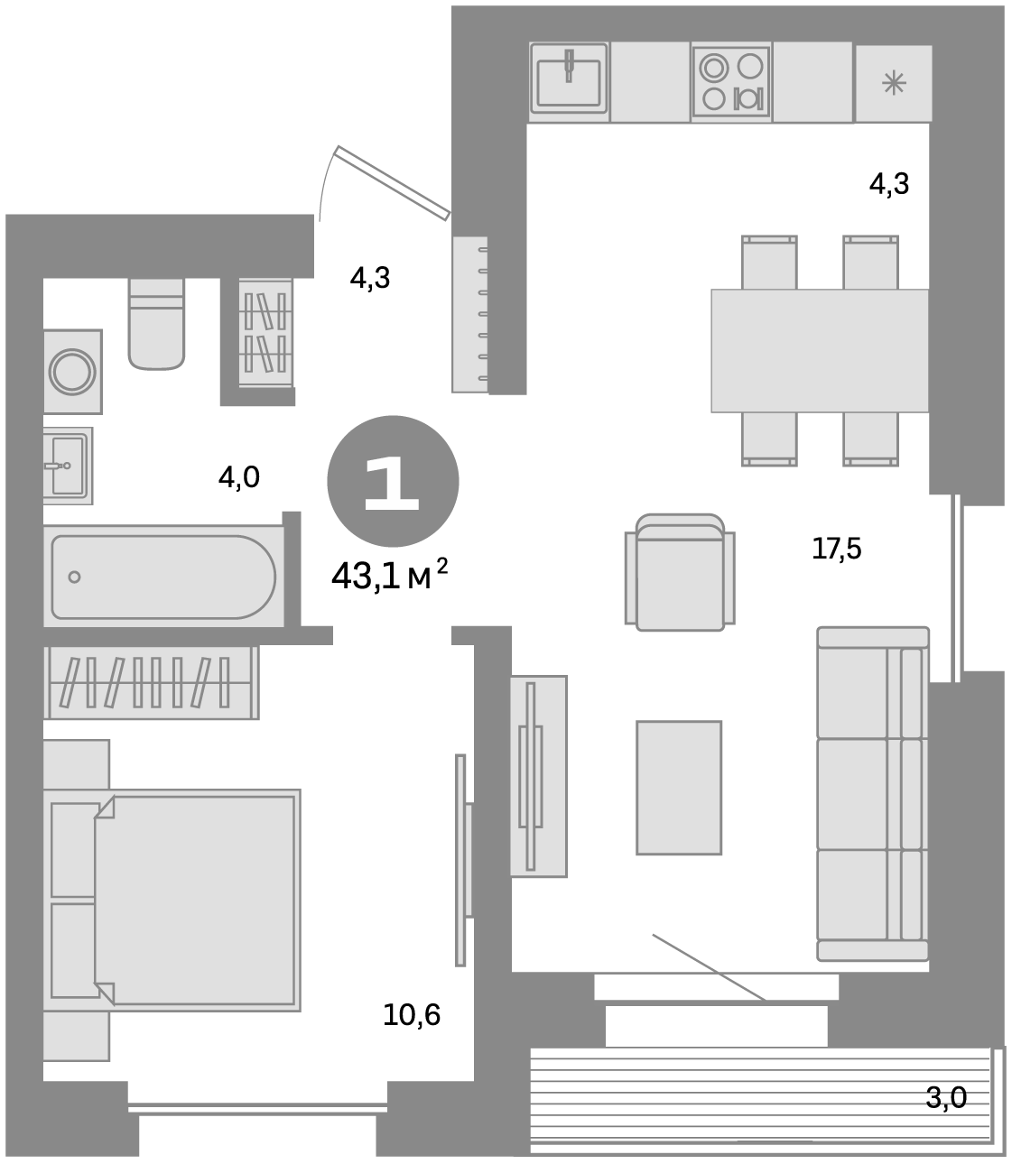 Планировка однокомнатная 43.1 м² в ЖК «Метроном», корпус 2