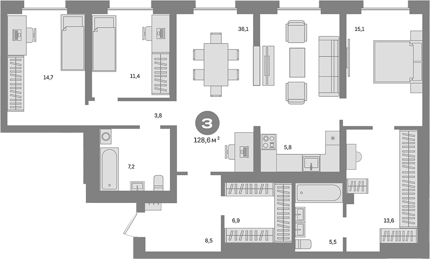 Планировка трёхкомнатная 128.6 м² в ЖК «Метроном», корпус 2
