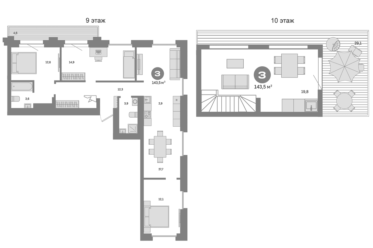 Планировка трёхкомнатная 143.5 м² в ЖК «Метроном», корпус 2