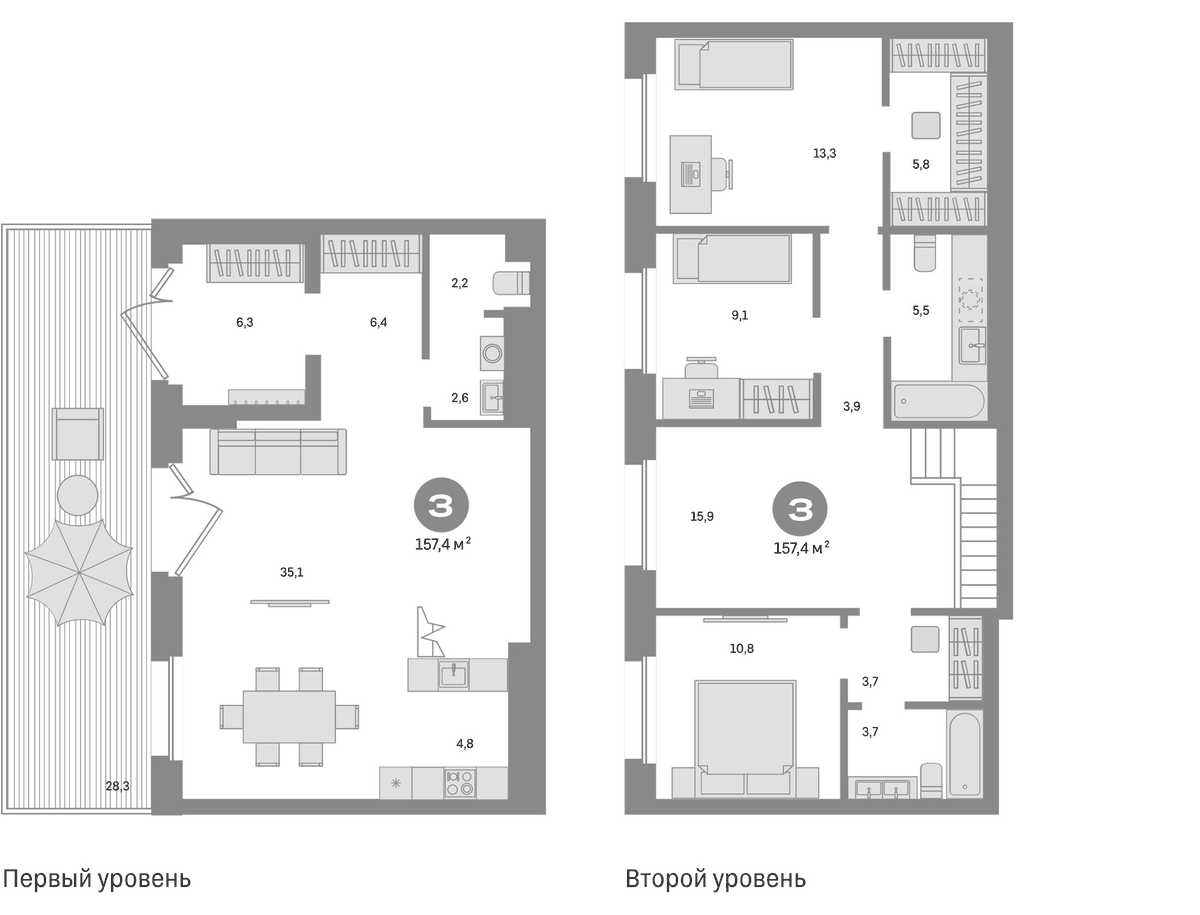Планировка трёхкомнатная 157.4 м² в ЖК «Метроном», корпус 2