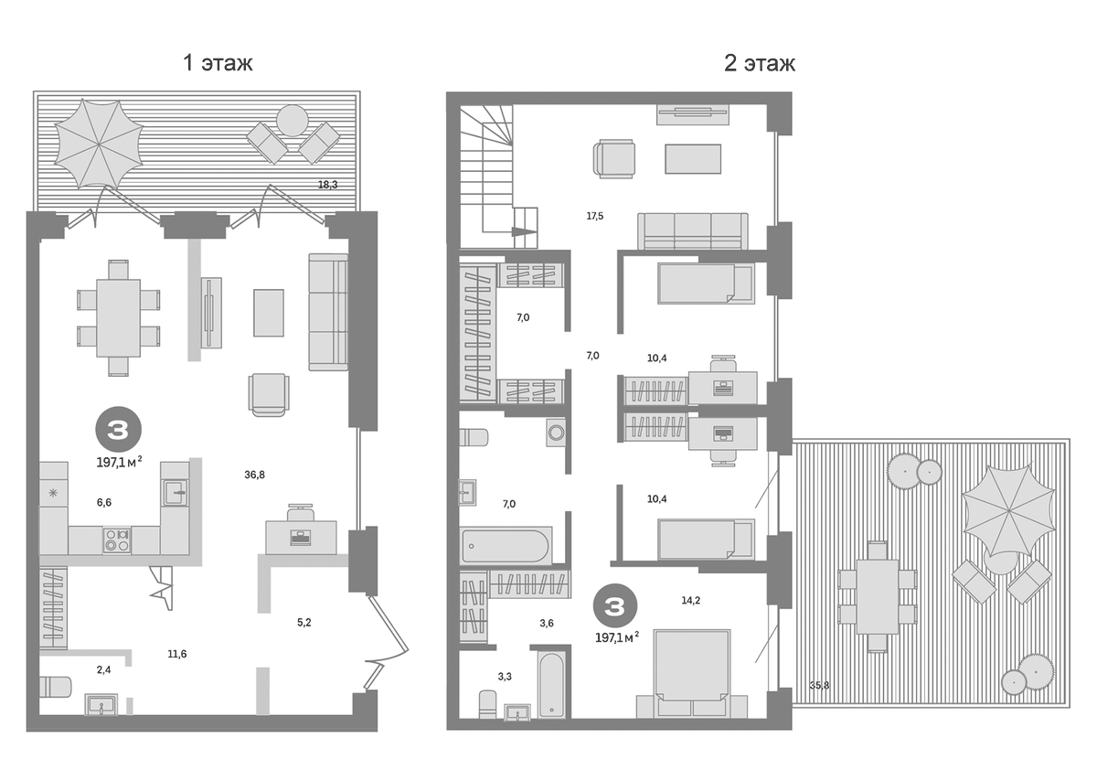 Планировка трёхкомнатная 197.1 м² в ЖК «Метроном», корпус 2