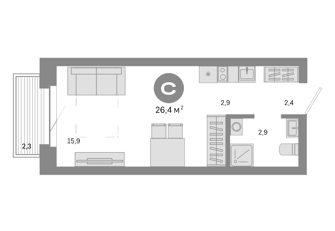 Планировка Студии 26.4 м² в ЖК «Метроном», корпус 2