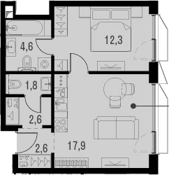 Планировка евродвушка (2Е) 41.9 м² в ЖК «Метрополия», корпус C