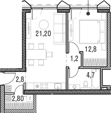 Планировка евродвушка (2Е) 44.7 м² в ЖК «Метрополия», корпус 3
