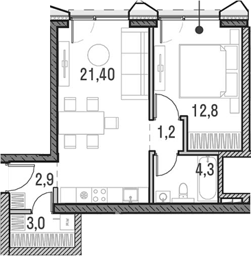 Планировка евродвушка (2Е) 44.8 м² в ЖК «Метрополия», корпус 3