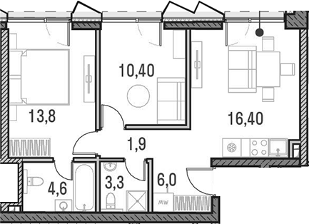 Планировка евротрёшка (3Е) 55.8 м² в ЖК «Метрополия», корпус 3