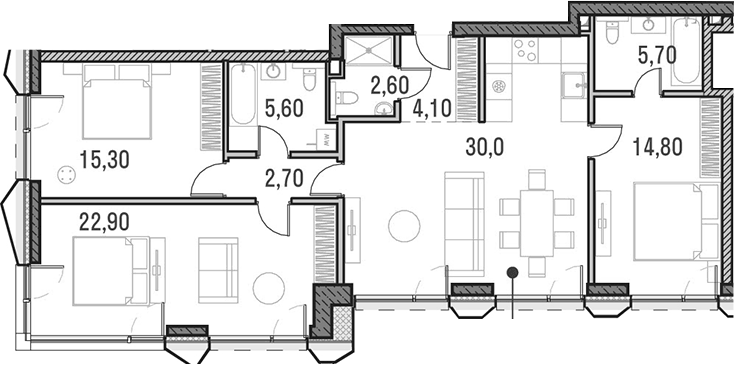 Планировка евро-4 (4Е) 101.2 м² в ЖК «Метрополия», корпус 3