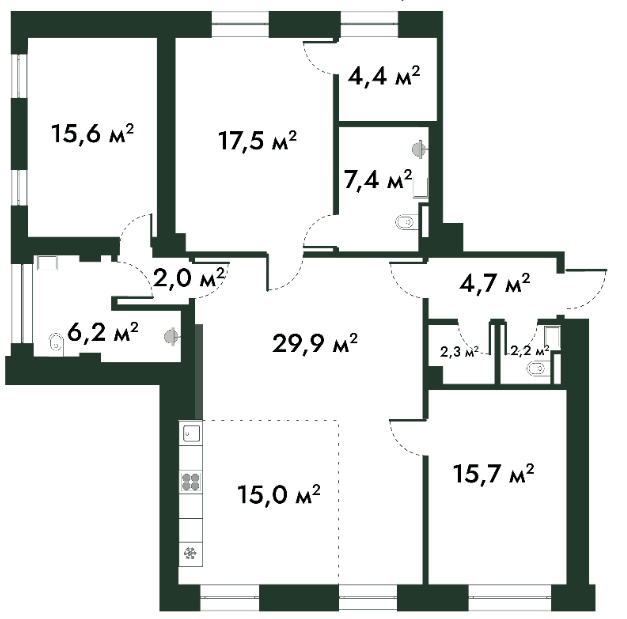 Планировка евро-4 (4Е) 122.5 м² в ЖК «МФК Arkenston», корпус 1