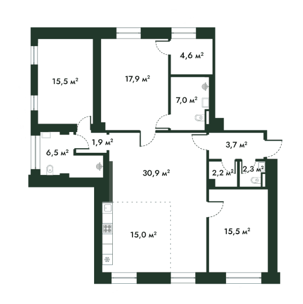 Планировка евро-4 (4Е) 123 м² в ЖК «МФК Arkenston», корпус 1