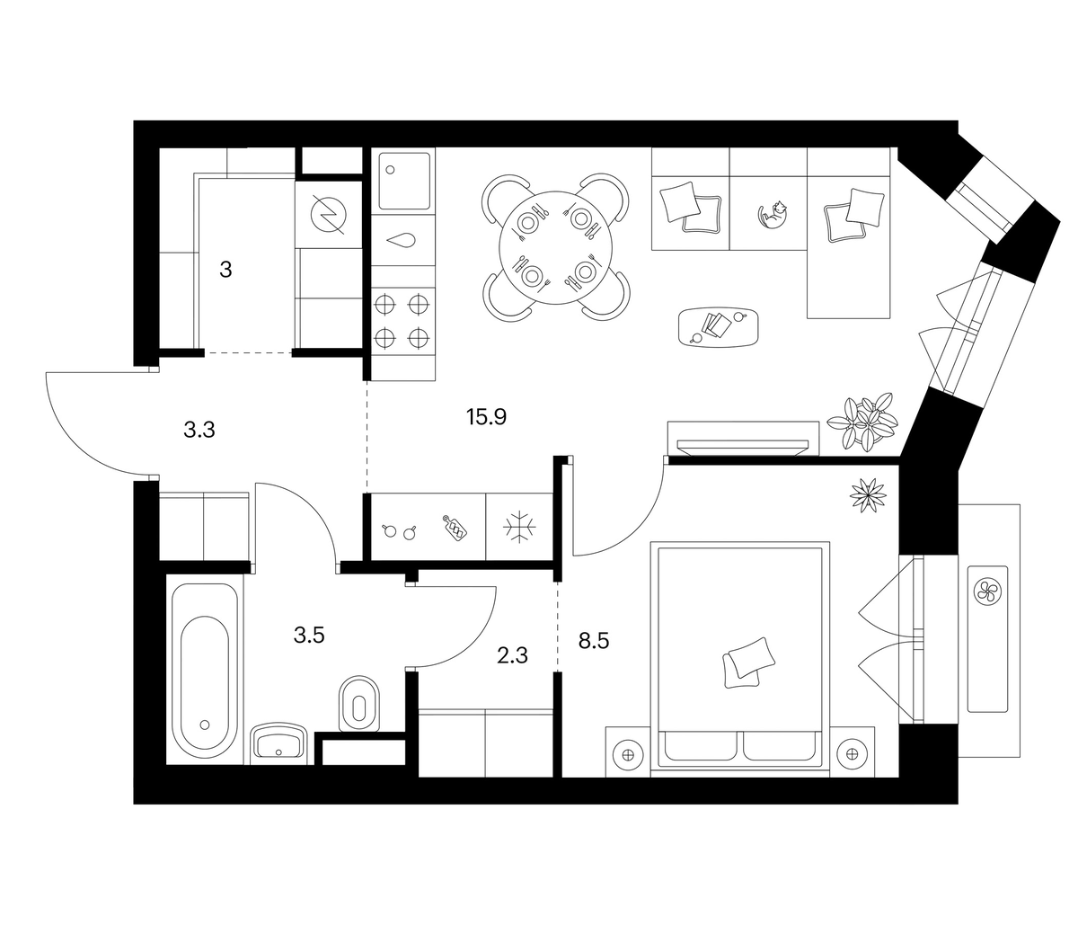 Планировка однокомнатная 36.5 м² в ЖК «Мичуринский парк», корпус 4.6