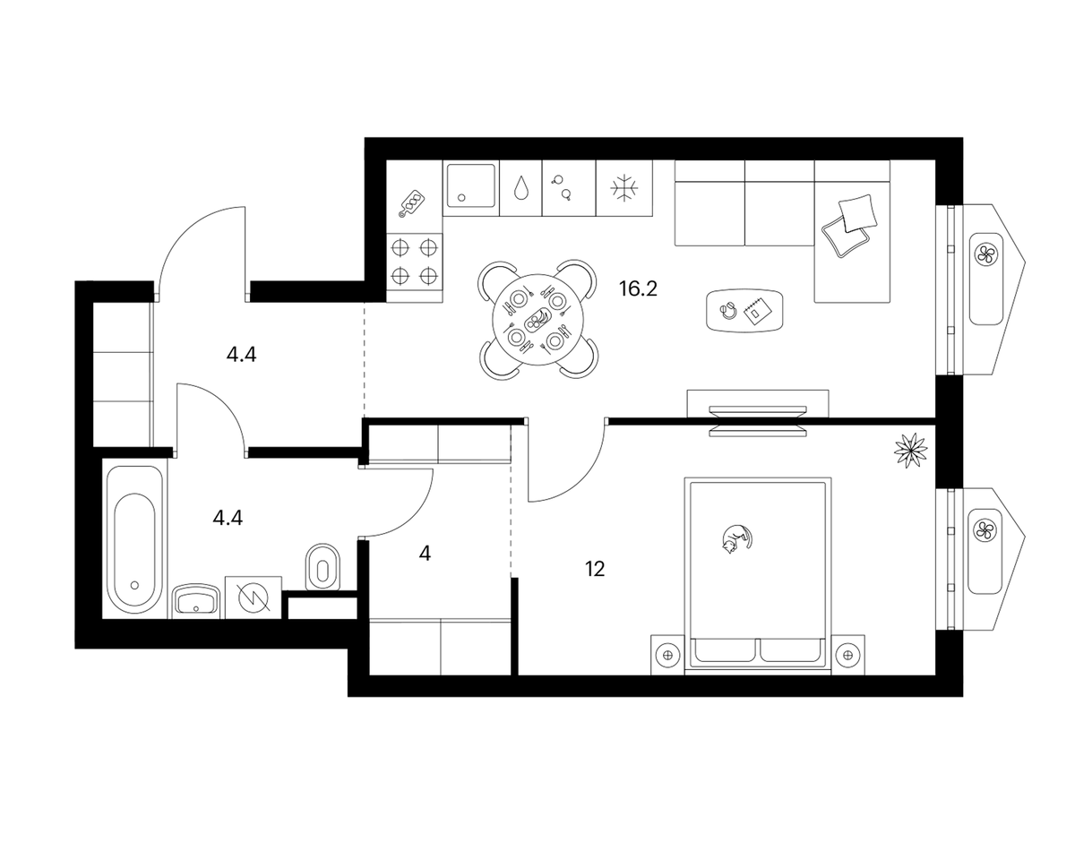 Планировка однокомнатная 41 м² в ЖК «Мичуринский парк», корпус 4.1