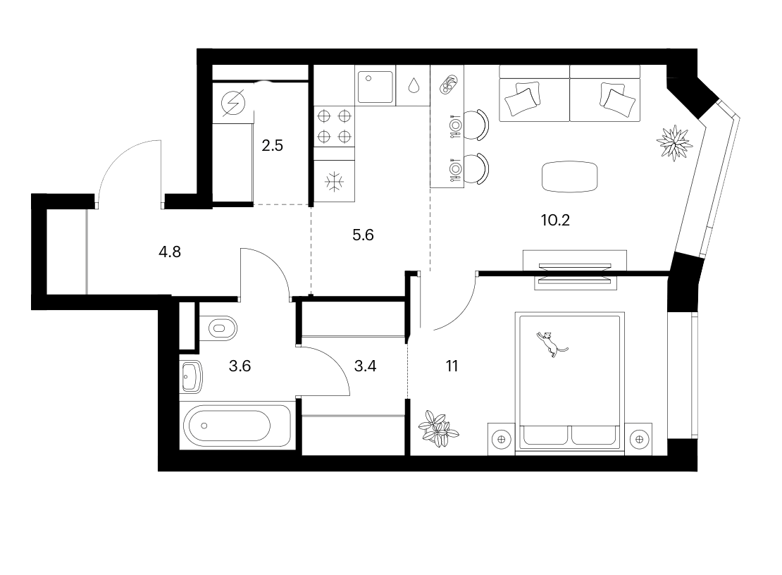 Планировка евродвушка (2Е) 41.1 м² в ЖК «Мичуринский парк», корпус 4.3