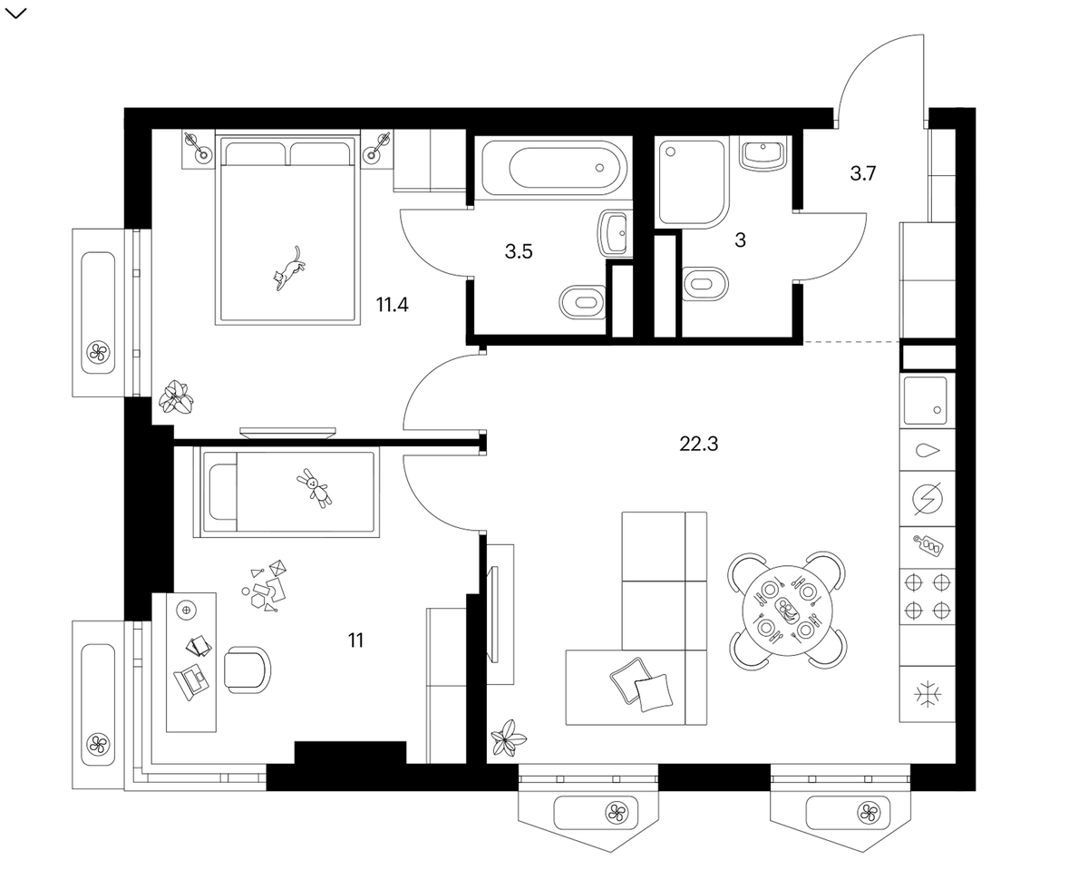 Планировка двухкомнатная 54.9 м² в ЖК «Мичуринский парк», корпус 4.1
