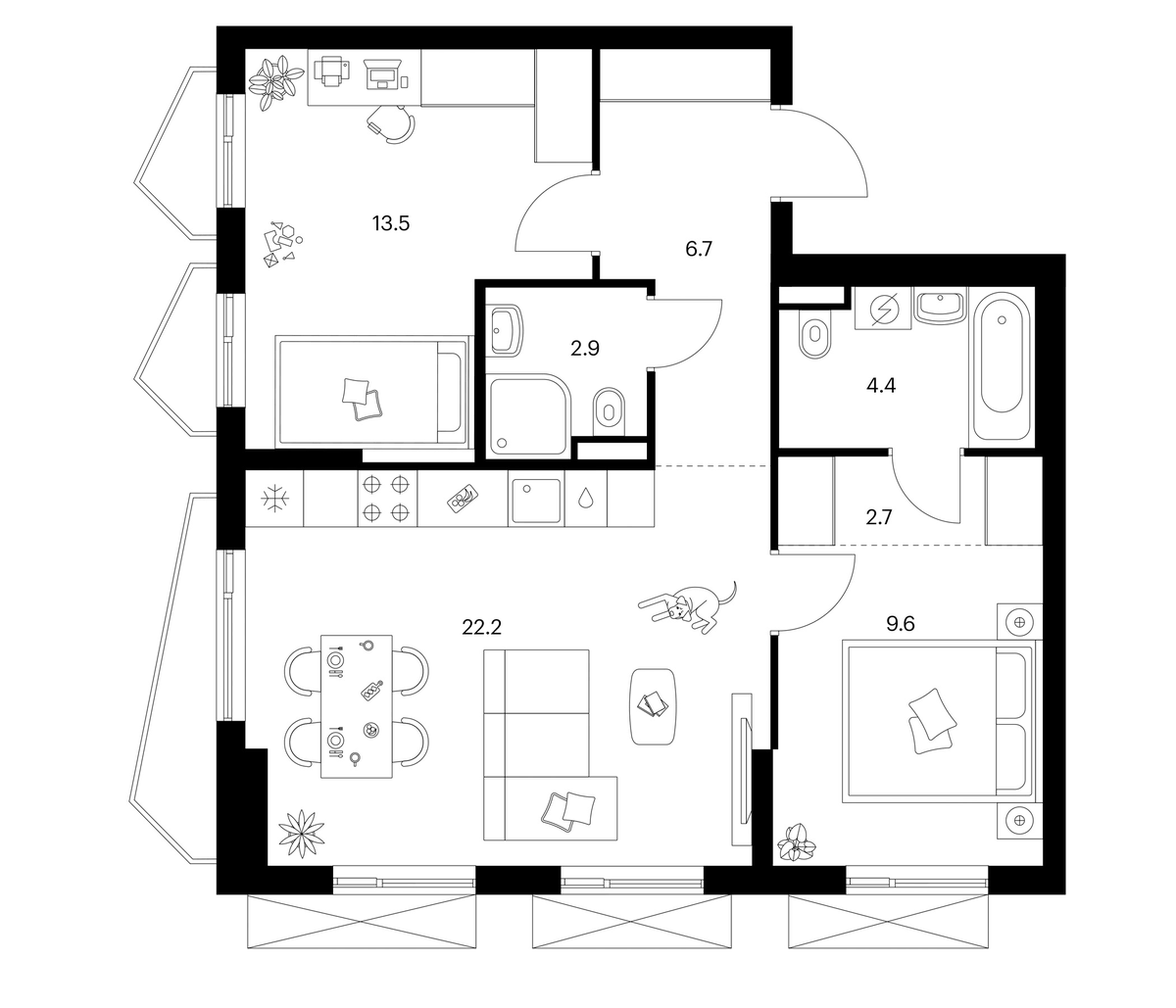 Планировка двухкомнатная 62 м² в ЖК «Мичуринский парк», корпус 4.2