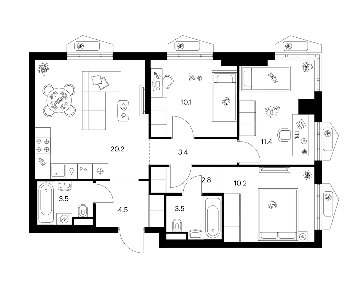 Планировка трёхкомнатная 69.6 м² в ЖК «Мичуринский парк», корпус 4.1