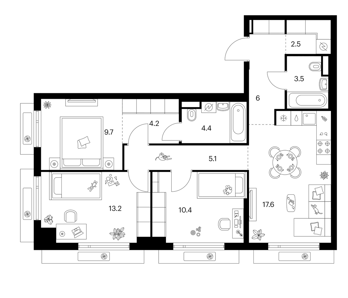 Планировка трёхкомнатная 76.6 м² в ЖК «Мичуринский парк», корпус 4.6