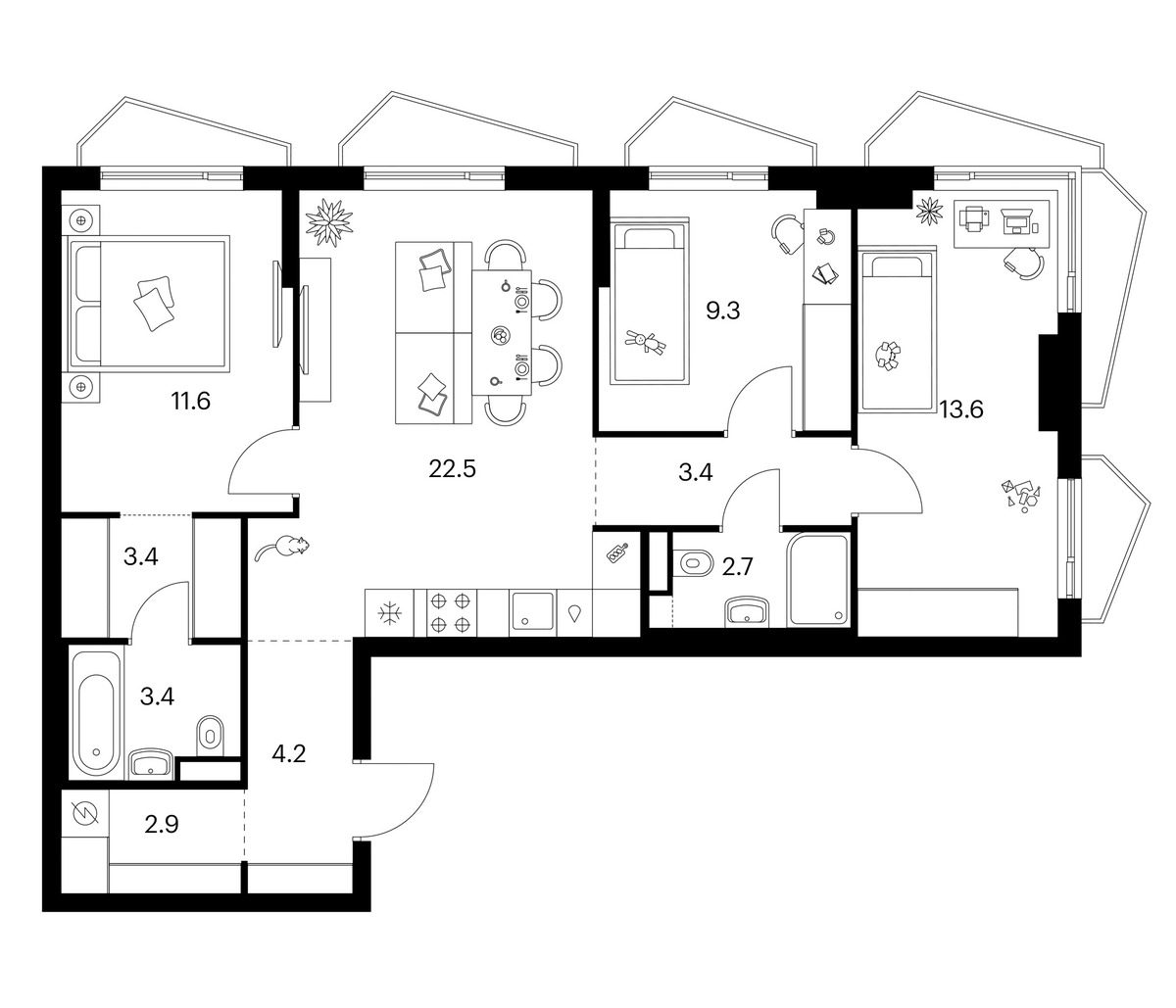 Планировка трёхкомнатная 77 м² в ЖК «Мичуринский парк», корпус 4.2
