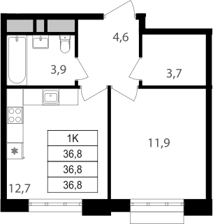 Планировка однокомнатная 36.8 м² в ЖК «Михалковский», корпус 4