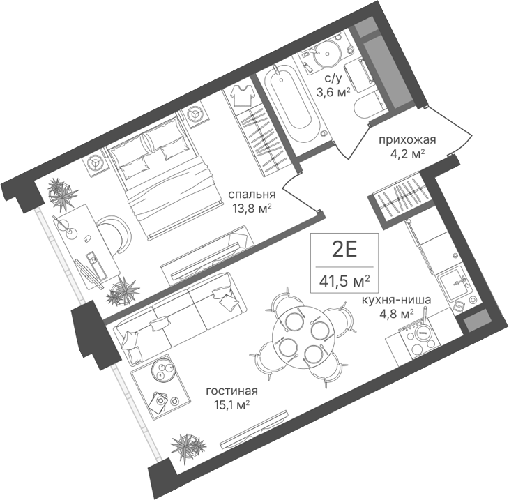 Планировка евродвушка (2Е) 41.5 м² в ЖК «Михалковский», корпус 2