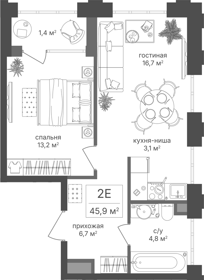 Планировка евродвушка (2Е) 45.9 м² в ЖК «Михалковский», корпус 2