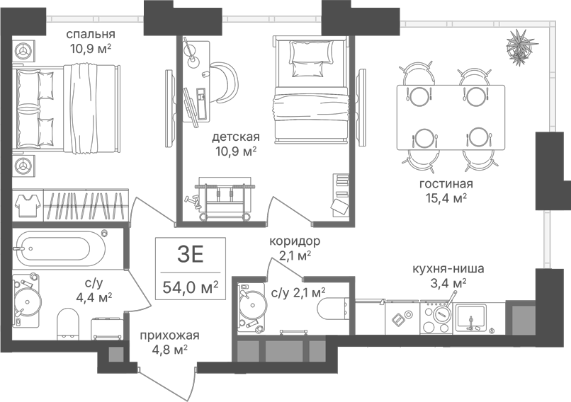 Планировка евротрёшка (3Е) 54 м² в ЖК «Михалковский», корпус Клубный дом 7