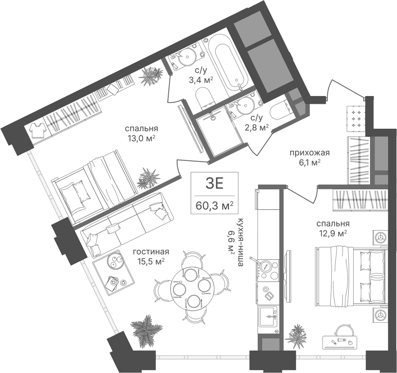 Планировка евротрёшка (3Е) 60.3 м² в ЖК «Михалковский», корпус 2
