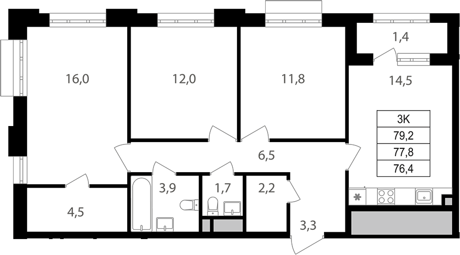 Планировка трёхкомнатная 77.8 м² в ЖК «Михалковский», корпус 4