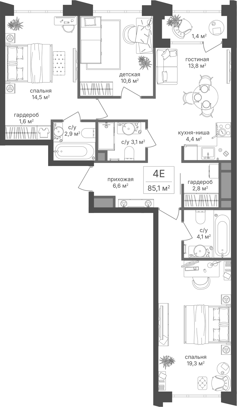 Планировка евро-4 (4Е) 85.1 м² в ЖК «Михалковский», корпус 2