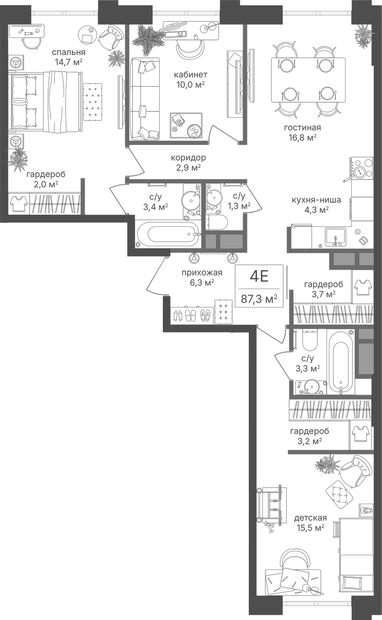 Планировка евро-4 (4Е) 87.3 м² в ЖК «Михалковский», корпус Клубный дом 7
