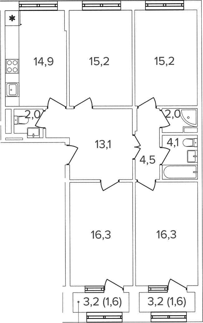 Планировка четырёхкомнатная 106.8 м² в ЖК «Михалковский», корпус 3