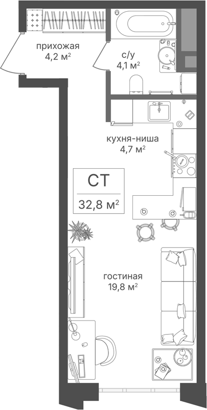 Планировка Студии 32.8 м² в ЖК «Михалковский», корпус 2
