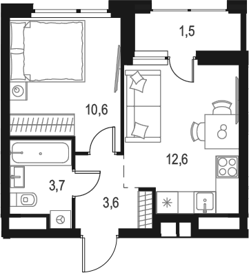 Планировка однокомнатная 32 м² в ЖК «Левел Лесной», корпус 26/1