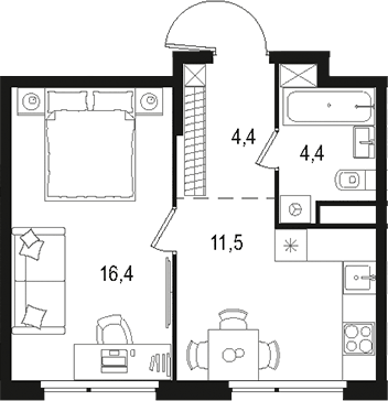 Планировка однокомнатная 36.7 м² в ЖК «Левел Лесной», корпус 26/3