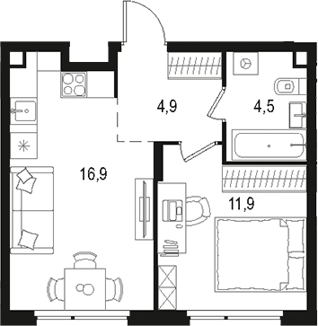 Планировка евродвушка (2Е) 38.2 м² в ЖК «Левел Лесной», корпус 26/3