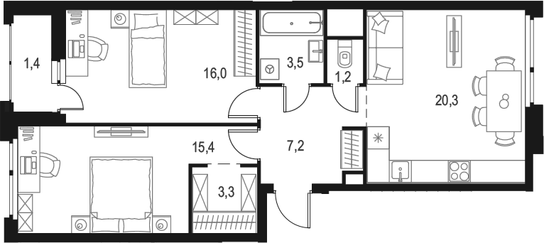 Планировка двухкомнатная 68.3 м² в ЖК «Левел Лесной», корпус 26/1