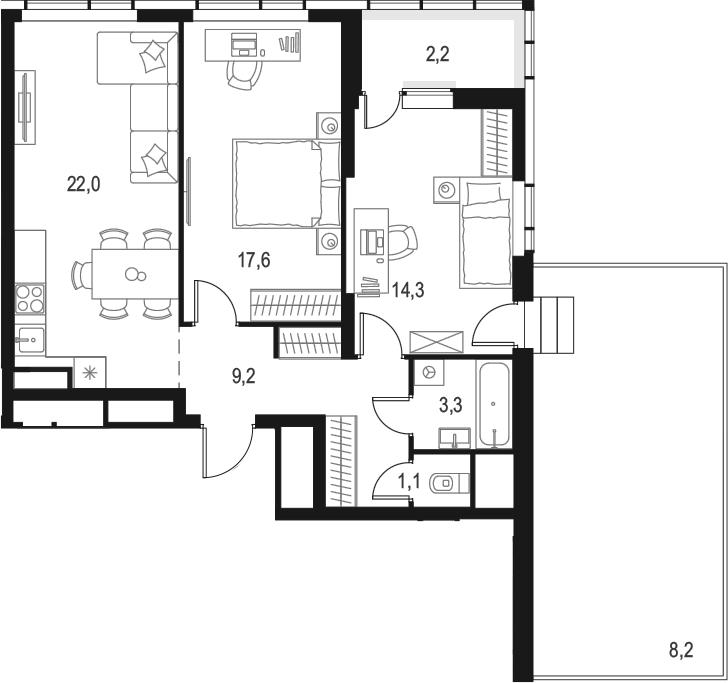 Планировка евротрёшка (3Е) 77.9 м² в ЖК «Левел Лесной», корпус 26/1