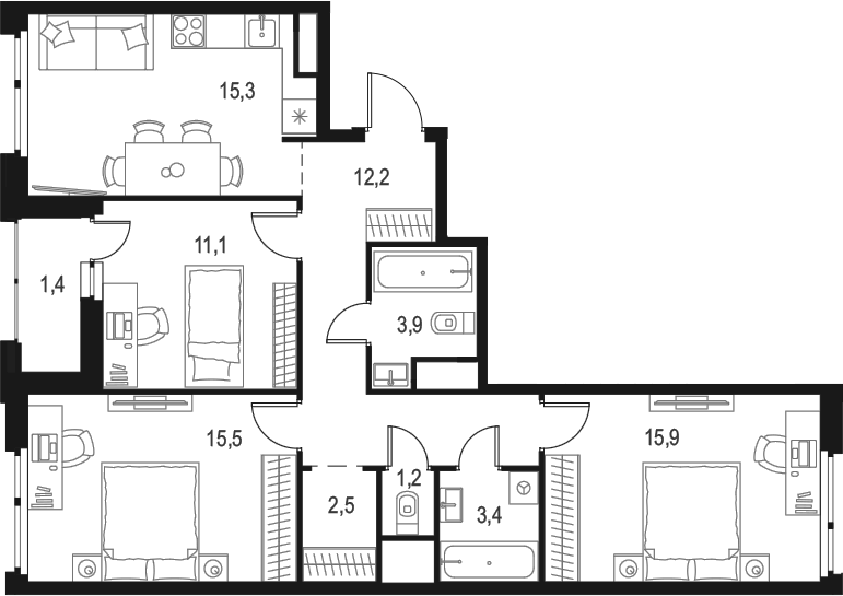 Планировка трёхкомнатная 82.4 м² в ЖК «Левел Лесной», корпус 26/1
