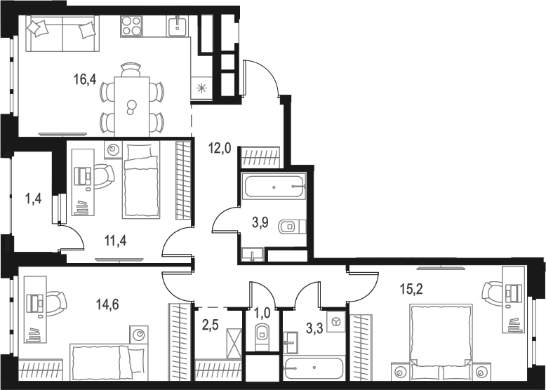 Планировка евро-4 (4Е) 81.7 м² в ЖК «Левел Лесной», корпус 26/1