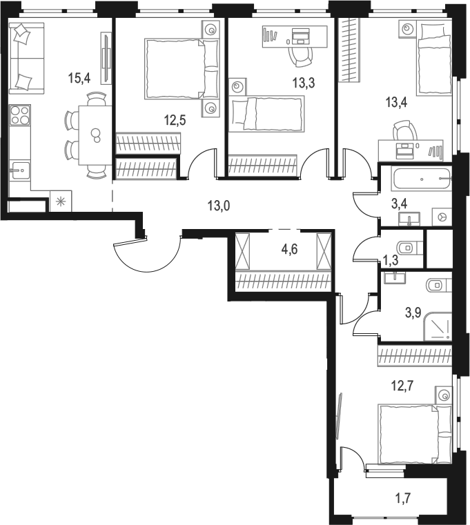 Планировка четырёхкомнатная 95.2 м² в ЖК «Левел Лесной», корпус 26/1