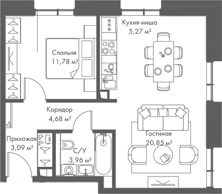 Планировка евродвушка (2Е) 49.63 м² в ЖК «МИРА», корпус 2