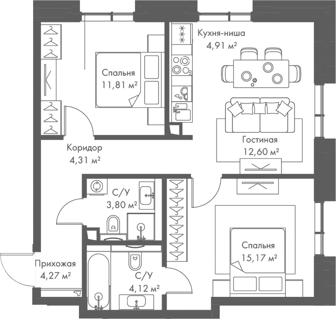 Планировка евротрёшка (3Е) 60.99 м² в ЖК «МИРА», корпус 2