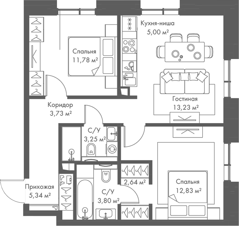 Планировка евротрёшка (3Е) 61.6 м² в ЖК «МИРА», корпус 2