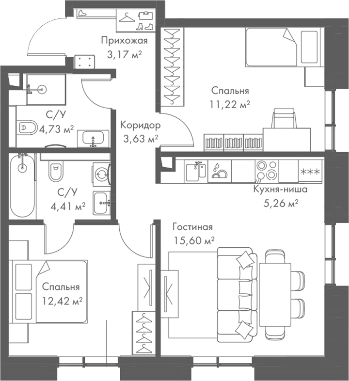 Планировка евротрёшка (3Е) 62.7 м² в ЖК «МИРА», корпус 2