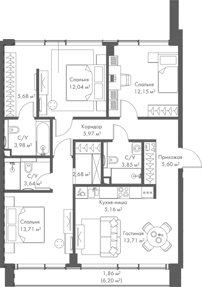 Планировка евро-4 (4Е) 89.46 м² в ЖК «МИРА», корпус 2